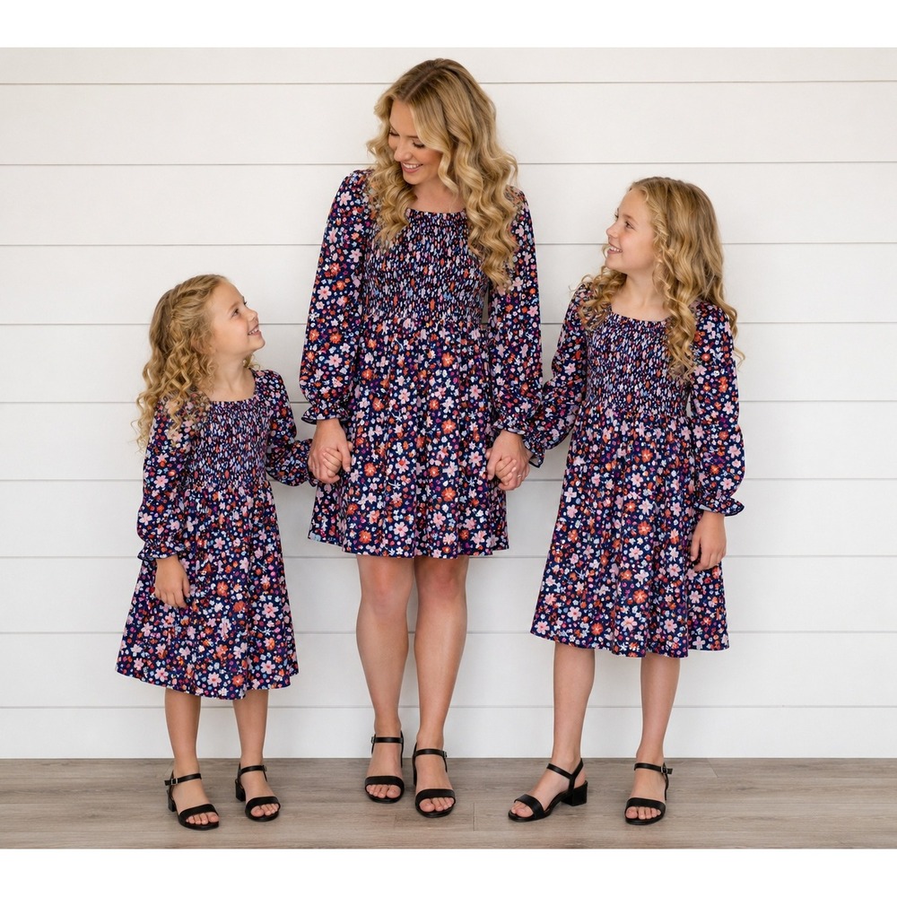Little & Me Matching Floral Dresses Set 3 Mommy and Me S M XL Navy NWT Smocked - Picture 1 of 12